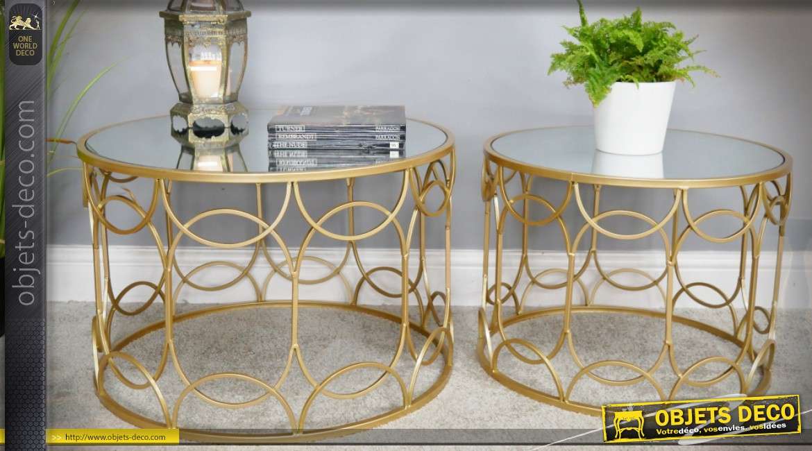 Set de deux tables basses rondes design en métal doré et miroir Ø 60 cm
