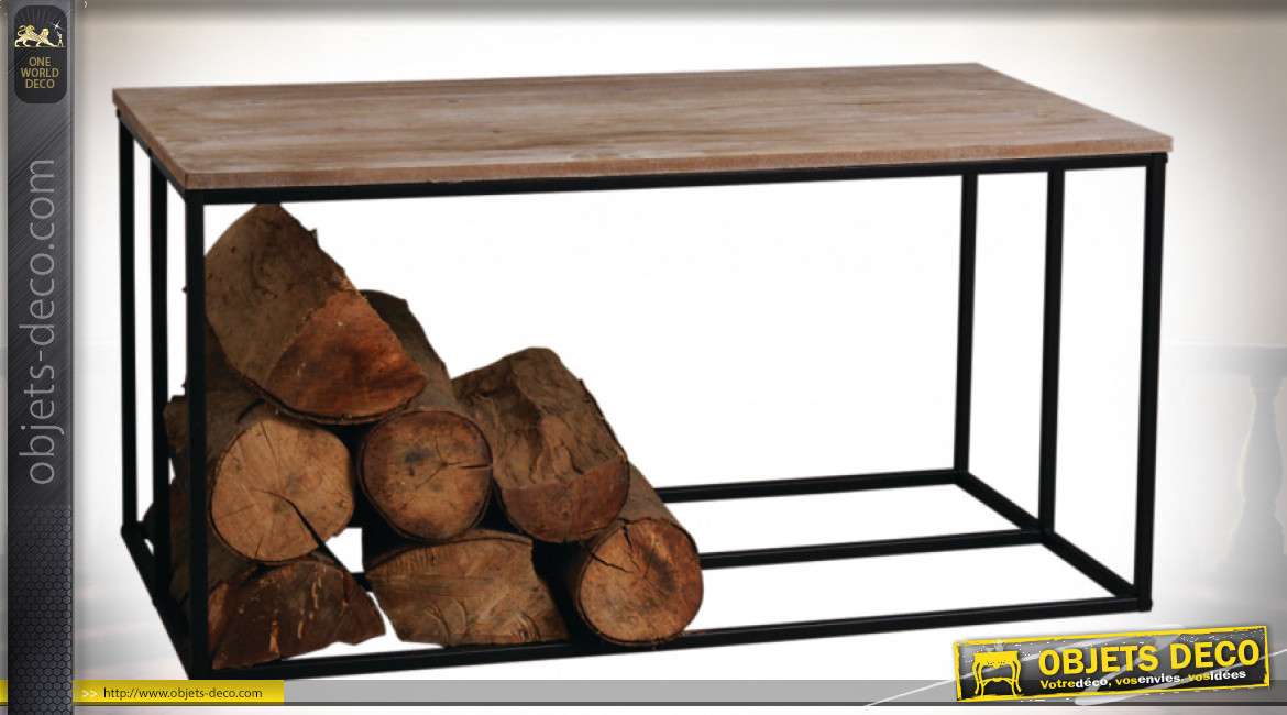 Table basse rustique avec rack à bûches en métal et bois 100 x 50 cm