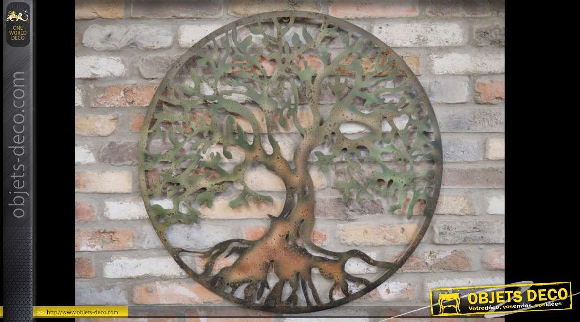 Grande décoration murale circulaire rétro en métal d'arbre stylisé Ø 87 cm