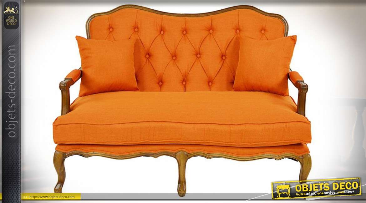 Canapé de style Louis XV avec tapisserie capitonnée orange 130 cm