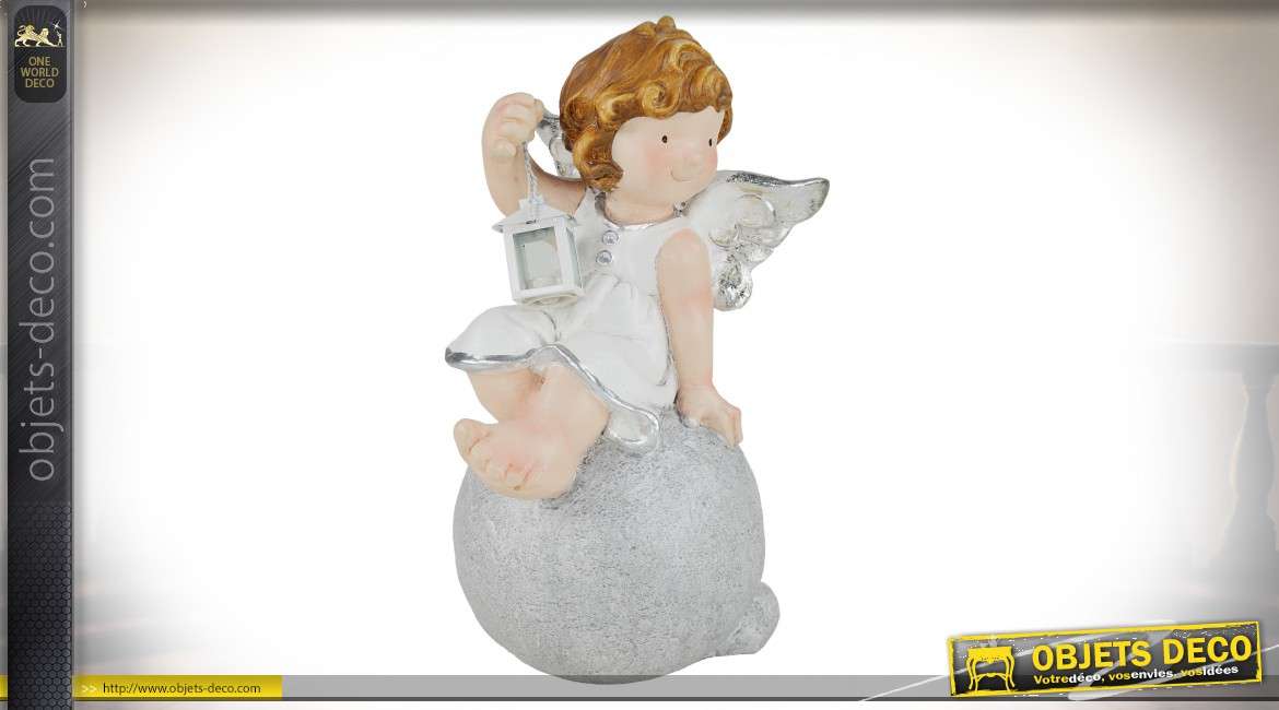 Grande figurine d'ange blanc ailé avec lanterne 42 cm