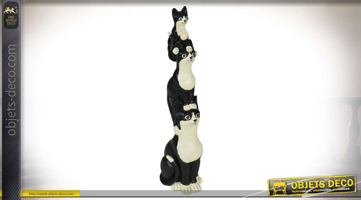 Statuette animalière de trois chats en noir et blanc 40 cm