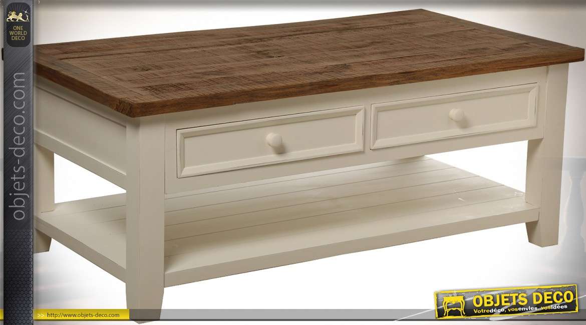 Table basse de style anglais coloris crème et bois vieilli 114 x 60 cm 