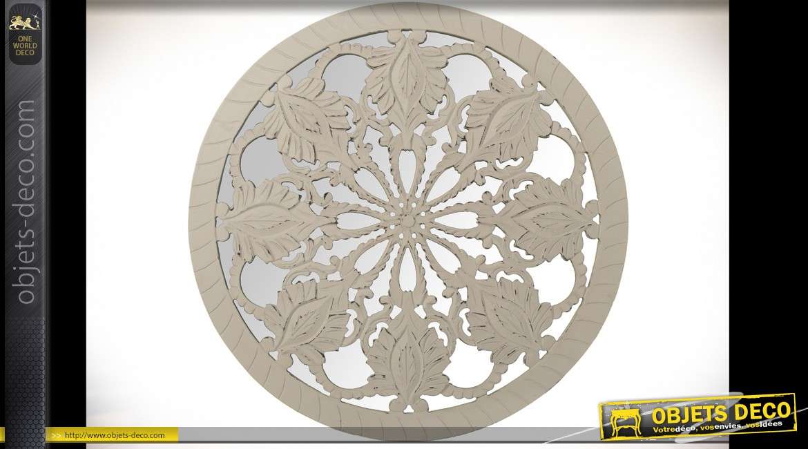 Miroir fresque circulaire en bois ouvragé à motif de mandala patine crême Ø 60 cm