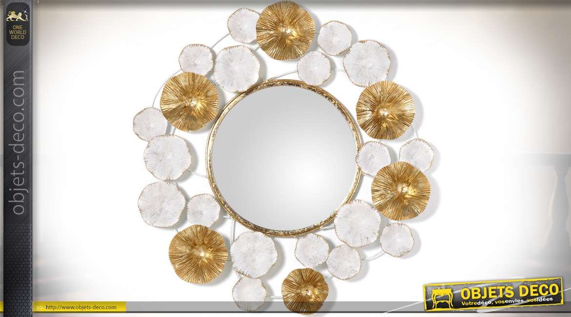Miroir décoratif rond avec ornementations stylisées blanc et or Ø 60 cm