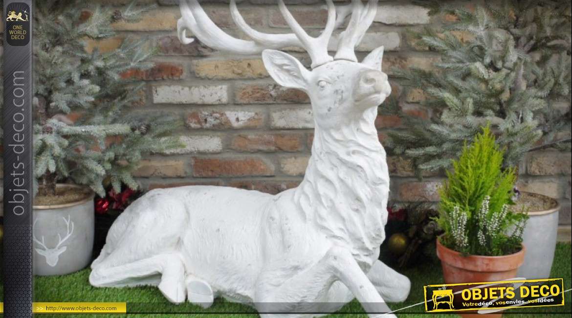 Grande sculpture de cerf blanc pour décoration de Noël 95 cm