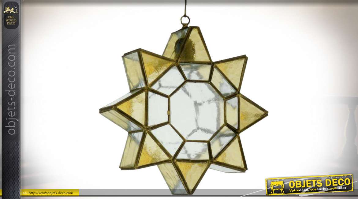Suspension en verre ambré et métal noir en étoile inspirée de l'Art Califal musulman d'Espagne Ø 50 cm