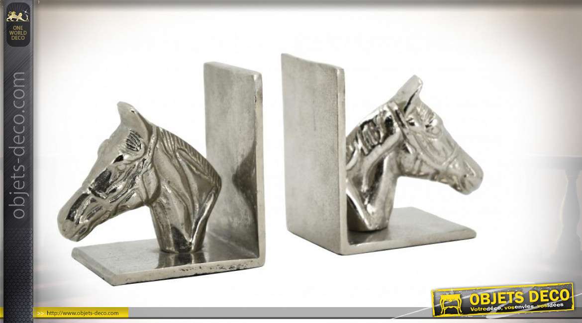 Serre-livres en aluminum têtes de chevaux argentés