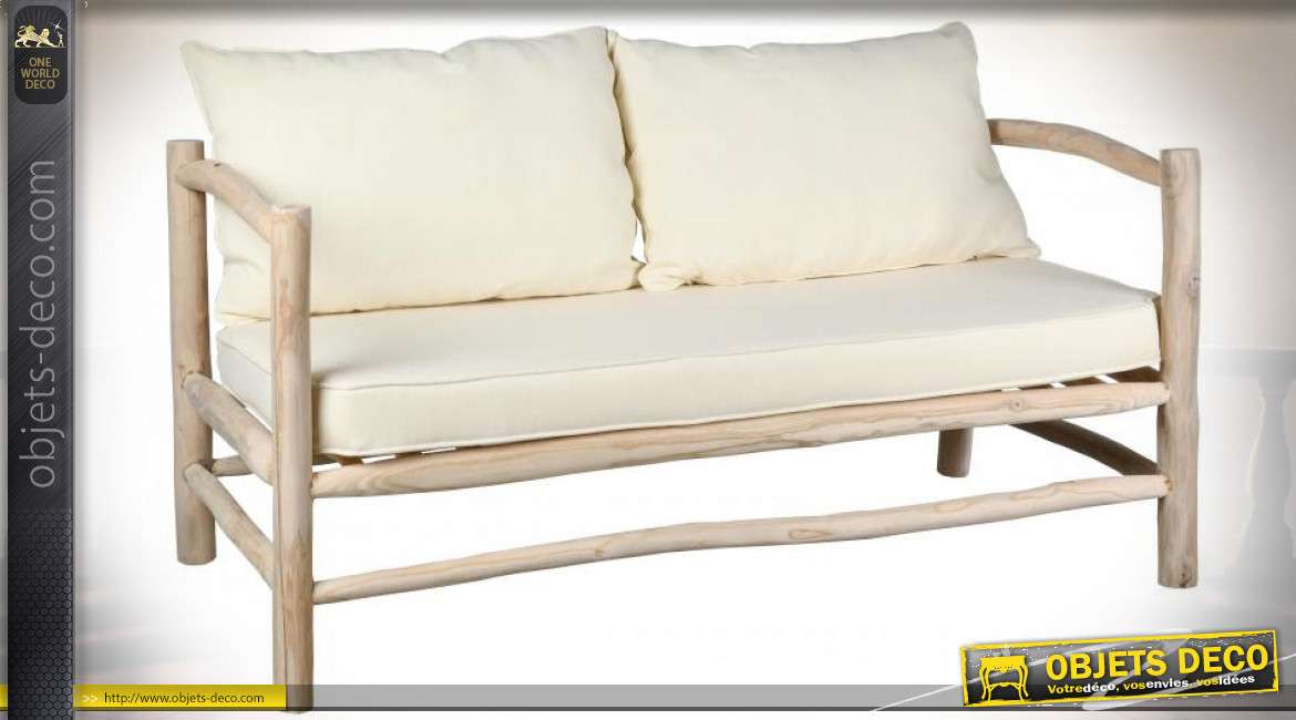Canapé de style rustique en teck avec coussins d'assise et de dossier en coton coloris écru 140 cm