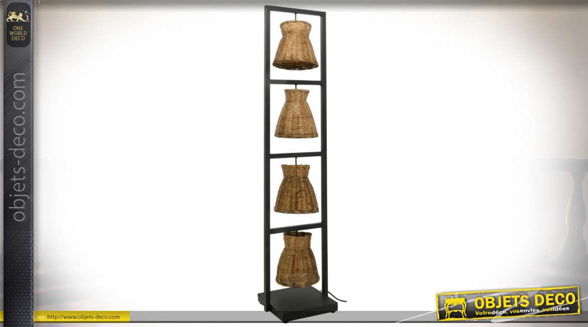 Lampe en forme de colonne verticale avec 4 abat-jours en bambou naturel tressé 135 cm