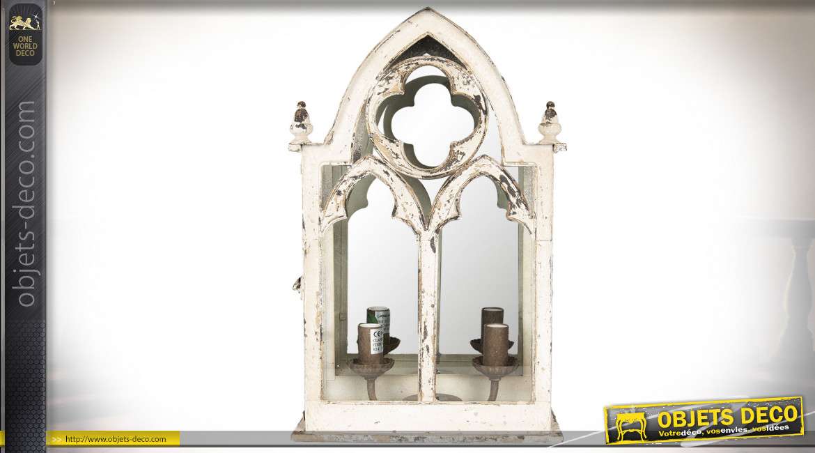 Applique murale blanche de style gothique en bois et miroir 49 cm