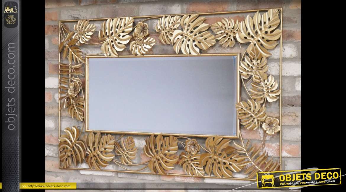Miroir mural avec encadrement doré à motifs de grandes feuilles en relief 1,3 mètre