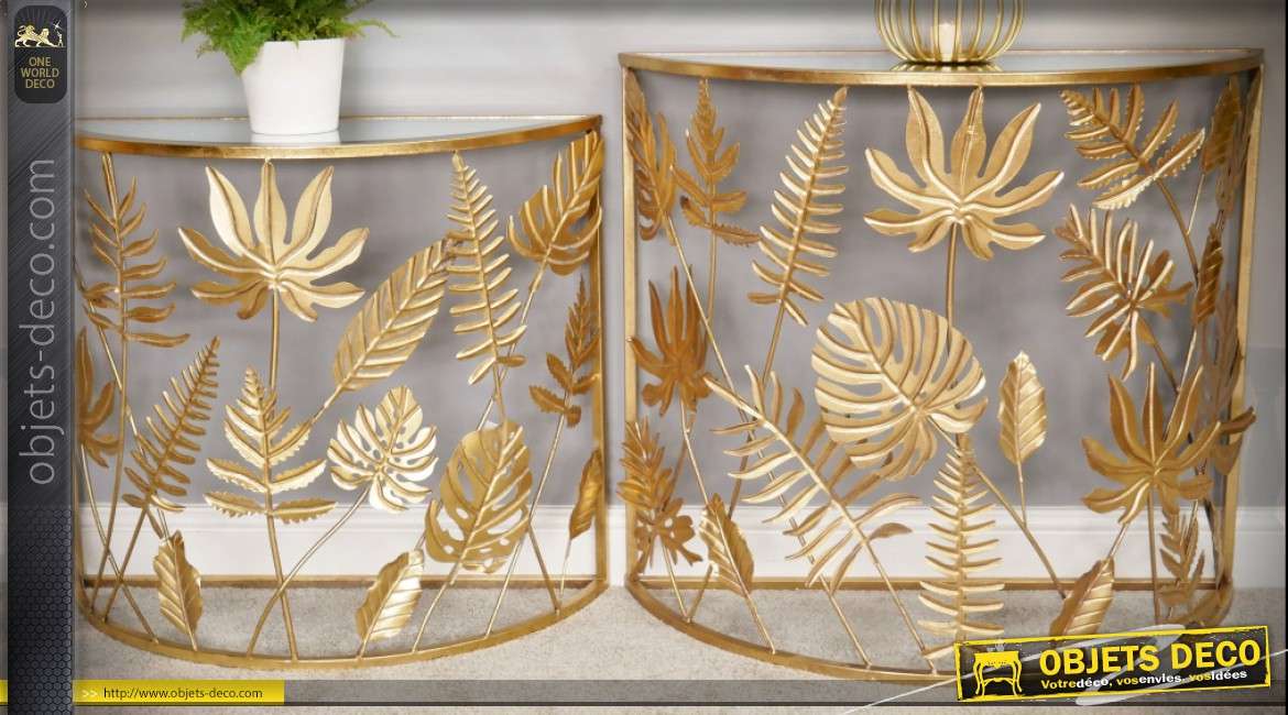 Série de 2 tables consoles en demi-lune à motifs de feuilles dorées