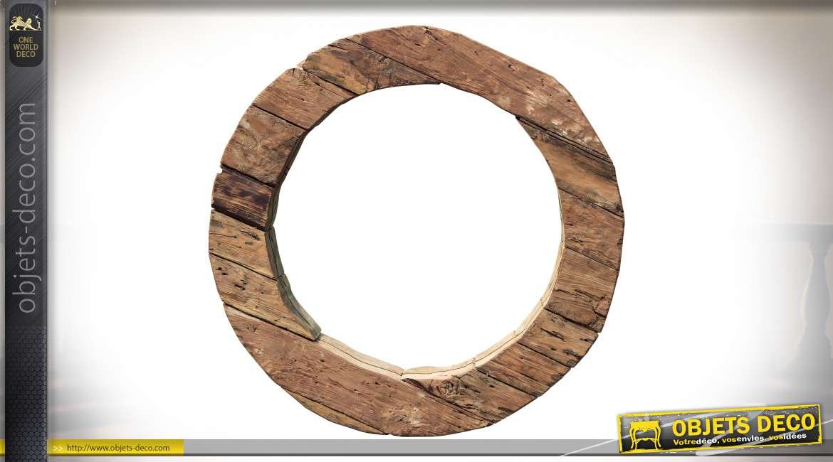 Grand miroir circulaire en bois brut et massif style rustique Ø 80 cm
