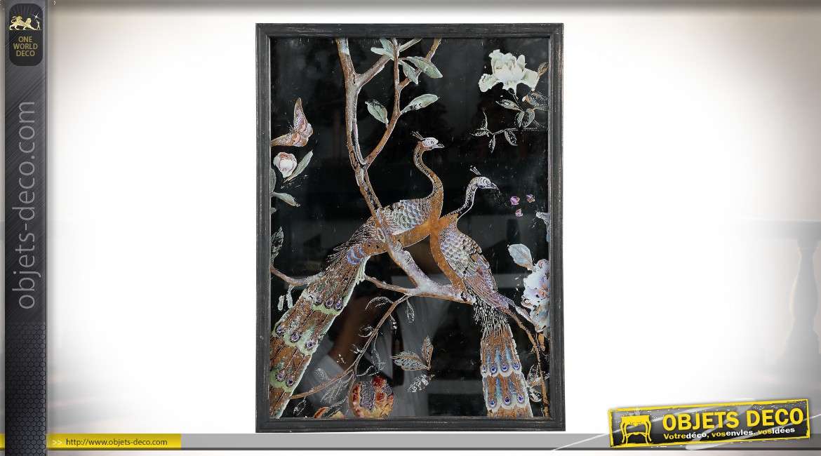 Cadre miroir ornementé d'une illustration de paons 61 cm