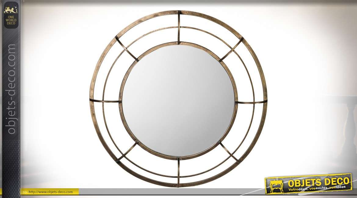 Grand miroir décoratif circulaire en laiton doré vieilli Ø 90 cm