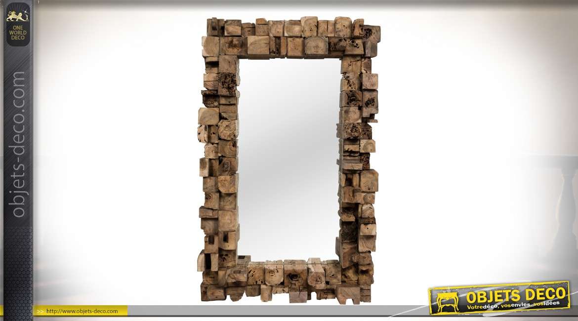 Grand miroir en bois recyclé de teck avec encadrement en relief 160 cm