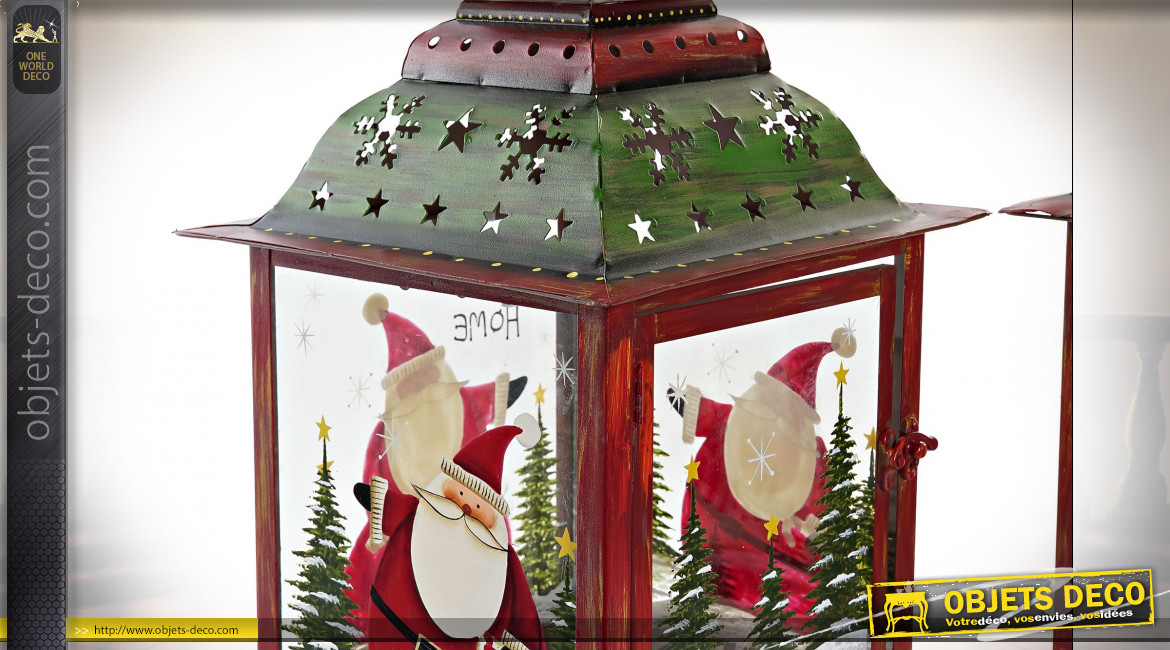 Série de deux lanternes carrées en verre et métal, ornées sur le thème de Noël 37 cm