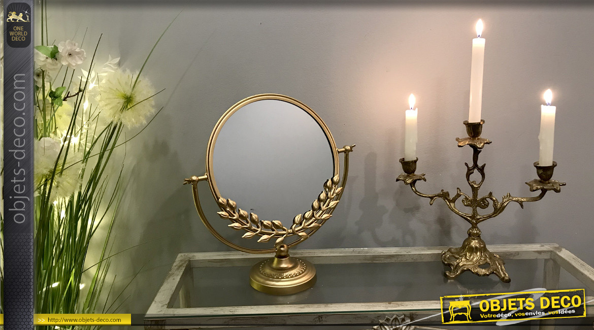 Miroir de table rond finition doré ancien, effet laiton vieilli, ambiance chic, 35cm