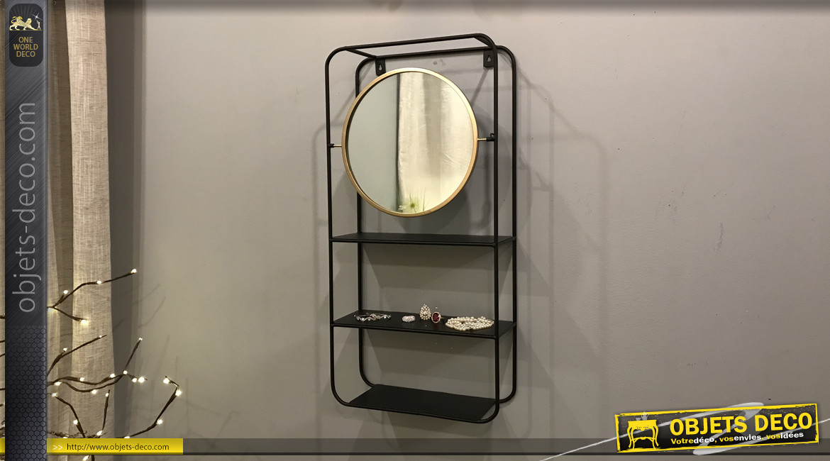Etagère de salle de bain en métal et miroir rond inclinable, ambiance moderne chic, 65cm