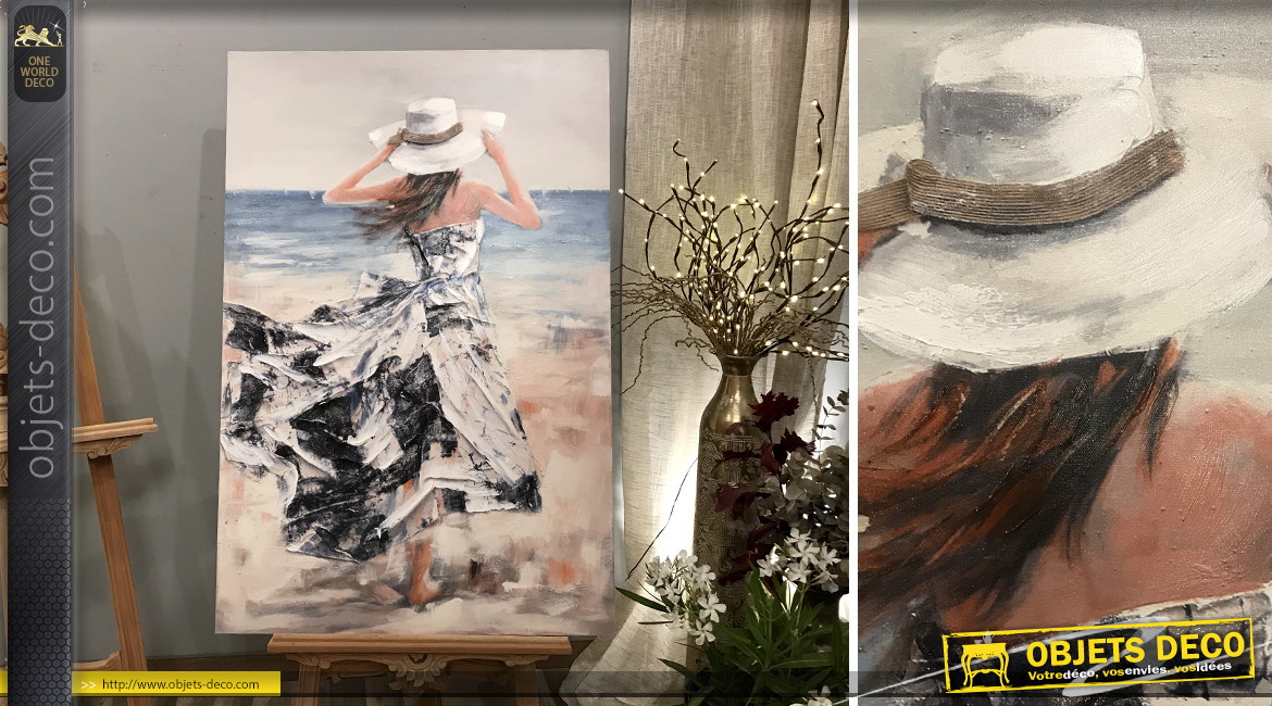 Grand tableau en bois et toile avec représentation de silhouette féminine et bord de mer, 120cm