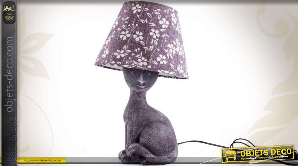 Lampe statuette de chat couleur lila avec abat-jour tissu assorti