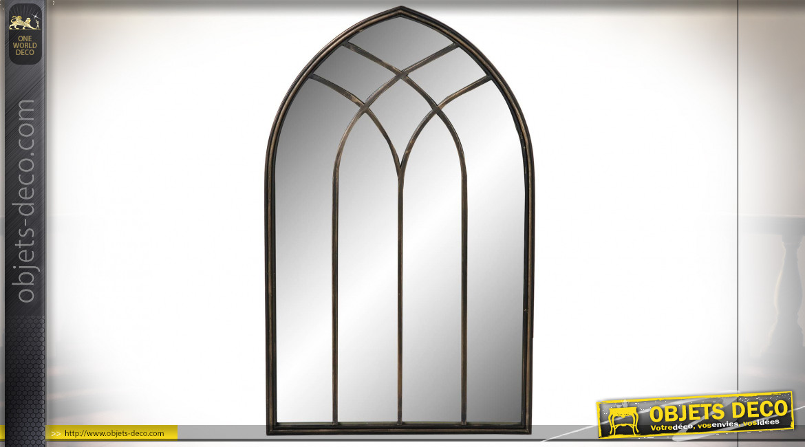 Miroir en métal en forme de fenêtre, forme d'ogive, finition charbon vieilli, 77cm