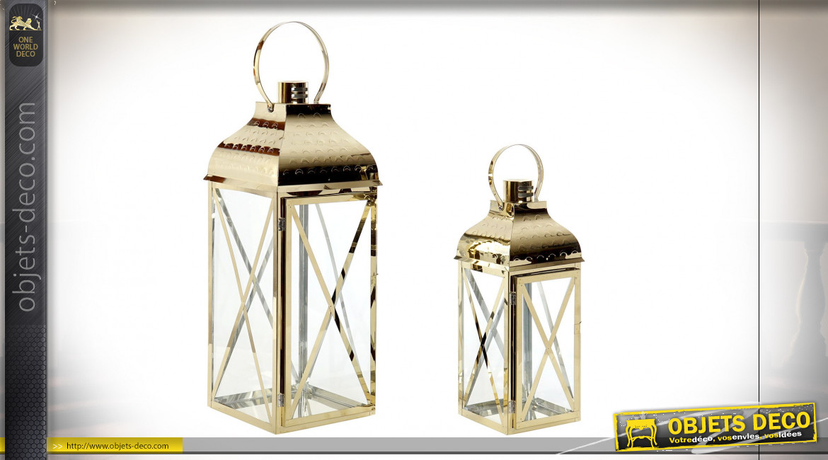 Set de 2 lanternes en métal poli doré avec croisillons 50 cm