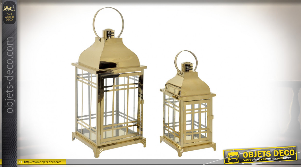 Série de 2 lanternes rétro et luxueuses finition inox doré poli 49 cm