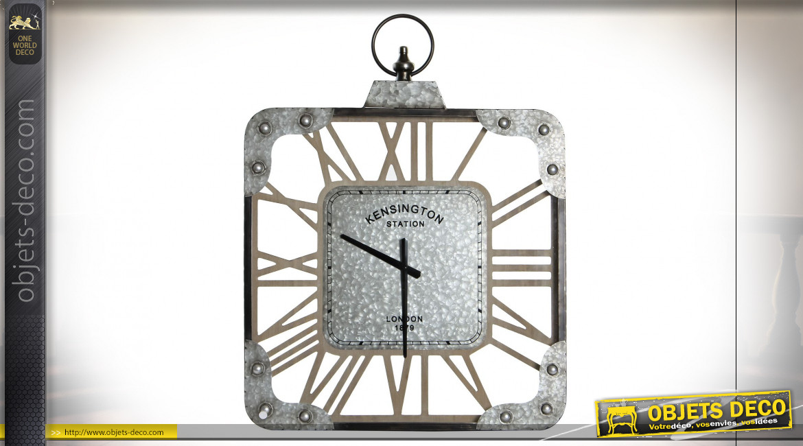 Grande horloge en métal et verre style style montre à gousset, finition indus, 81cm