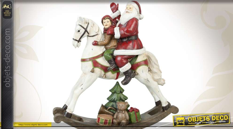 Décoration de Noël : Père-Noël avec enfant sur cheval à bascule