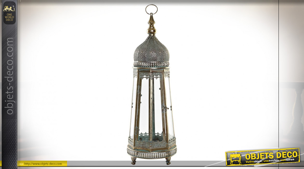 Lanterne octogonal en métal argenté et doré de style oriental 71 cm