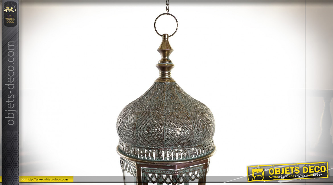 Grande lanterne octogonale suspendue en métal argenté de style oriental 134 cm