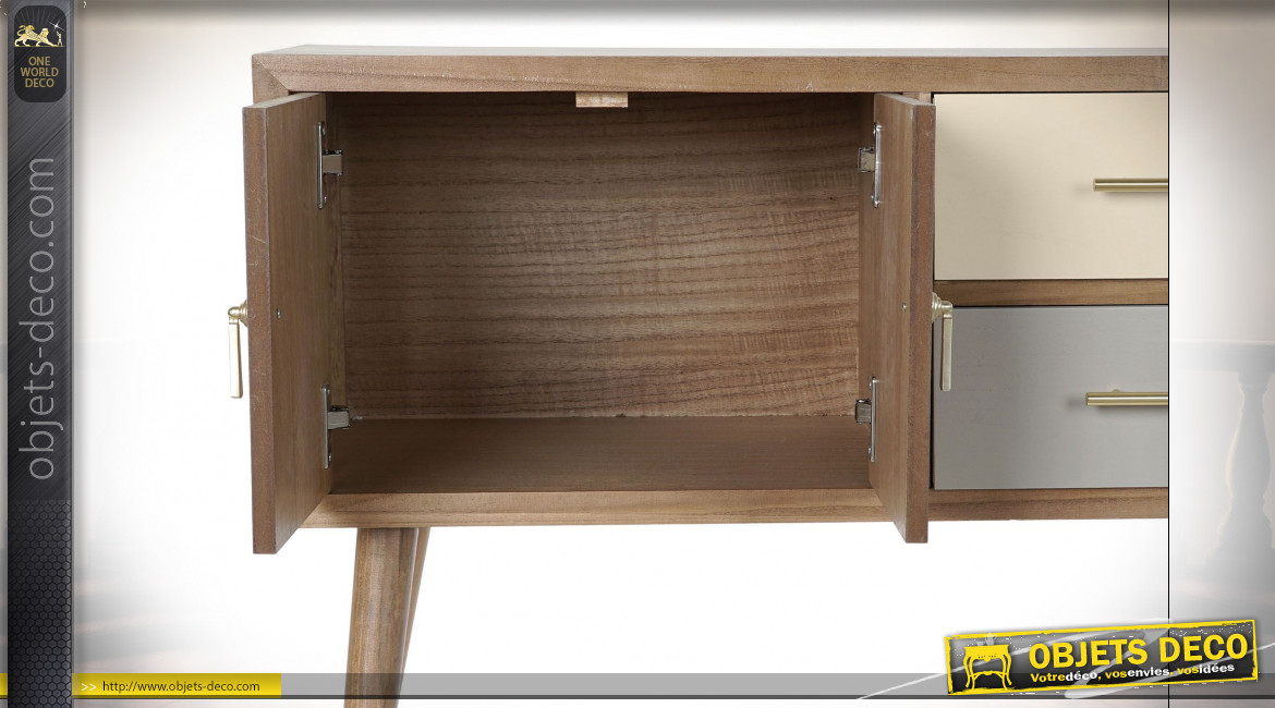 Meuble TV en bois de paulownia bois teinté, blanc cassé et gris clair, 2 portes et 2 tiroirs 90 cm