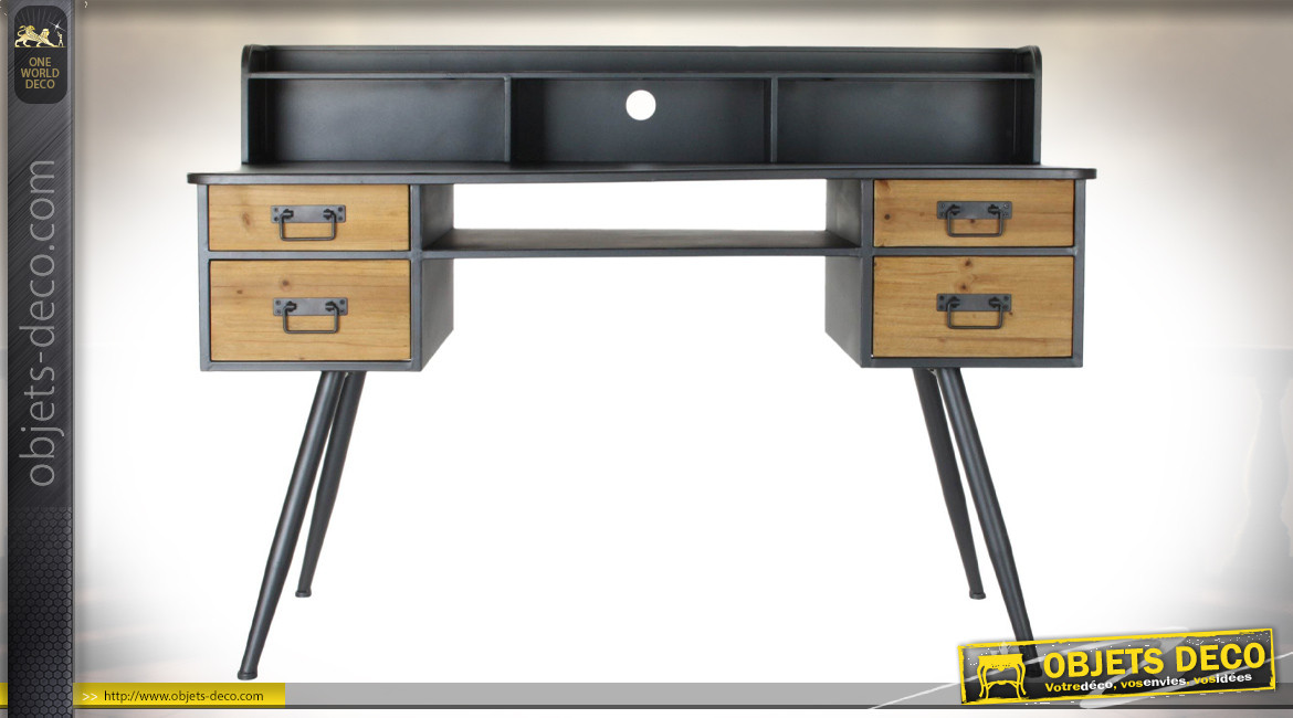 Bureau à 4 tiroirs en bois de sapin finition naturelle et métal gris anthracite de style industriel, 135cm