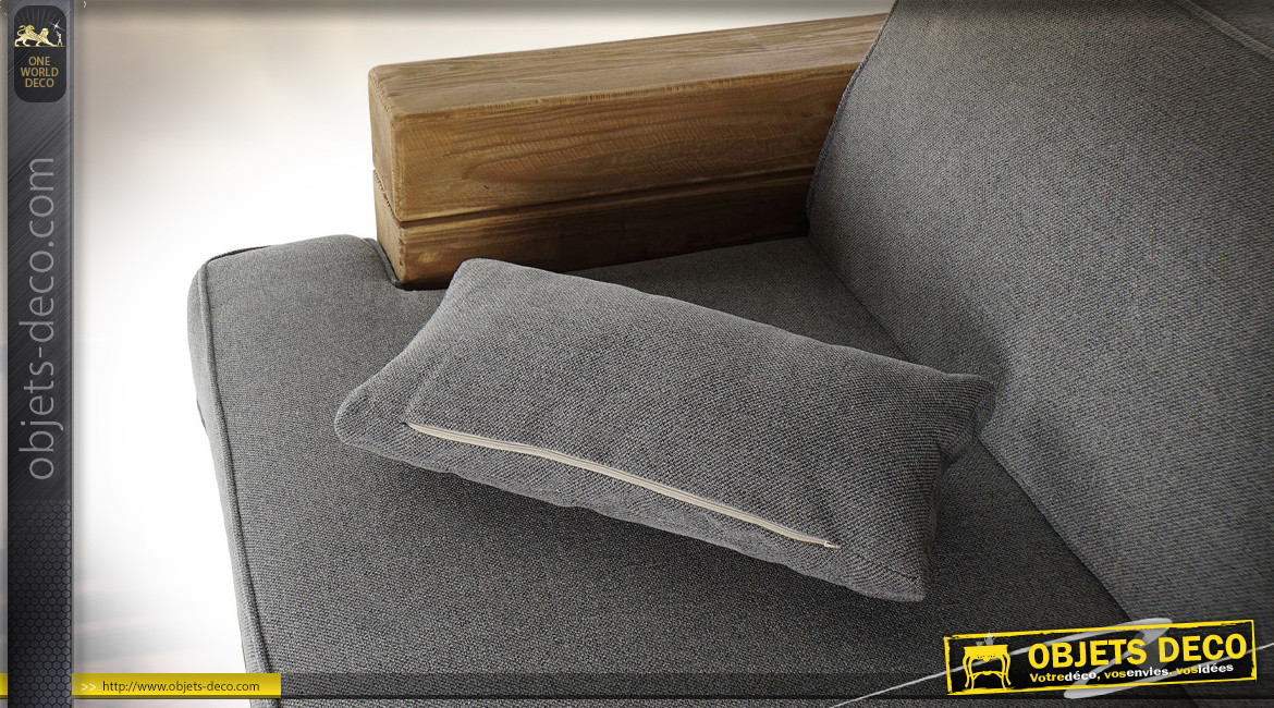 Canapé en bois recyclé finition naturelle, assise et dossier en tissu finition gris clair ambiance chalet, 224cm