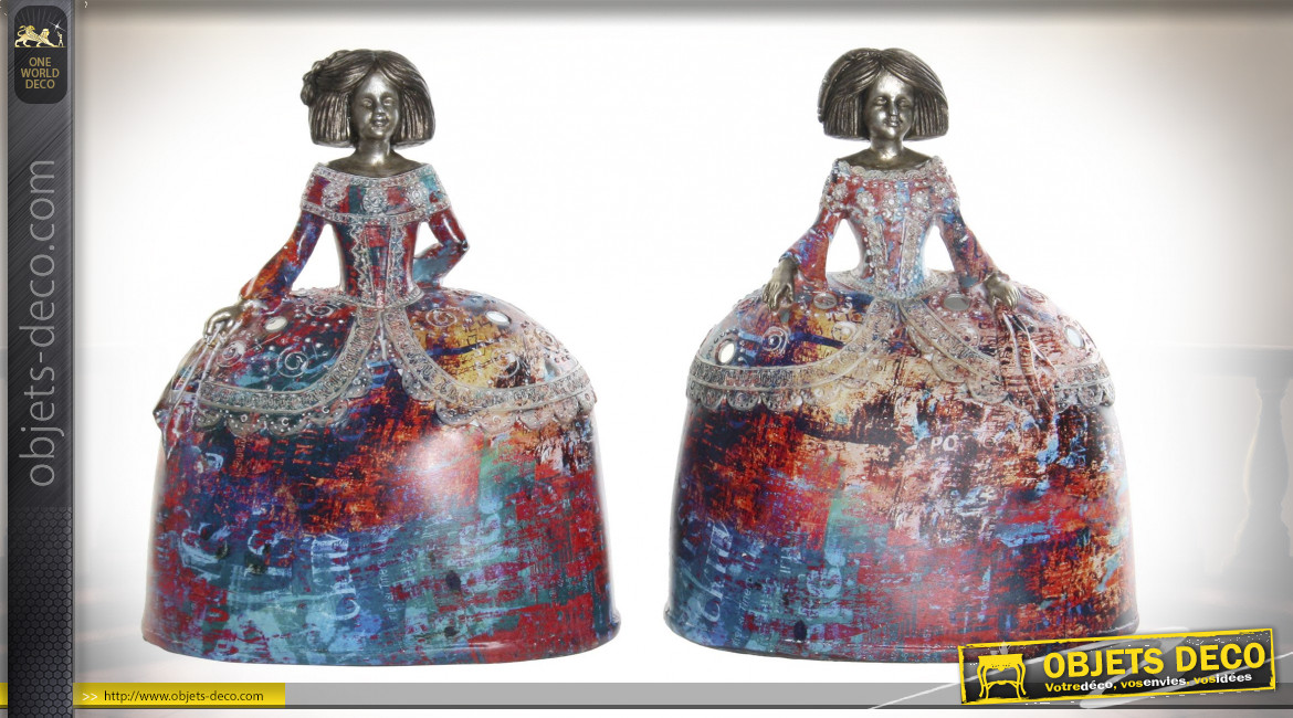 Série de 2 sculpture de femmes de la cour royale en résine, grandes robes colorées, 21cm