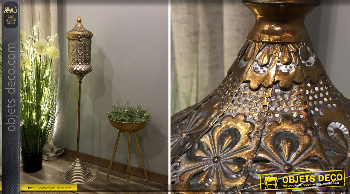 Grande lanterne en métal style moucharabieh, finition doré effet ancien, 134cm