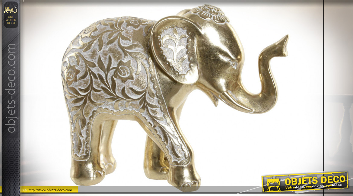 Statuette d'éléphant en résine finition doré effet ancien, ambiance safari, 29cm
