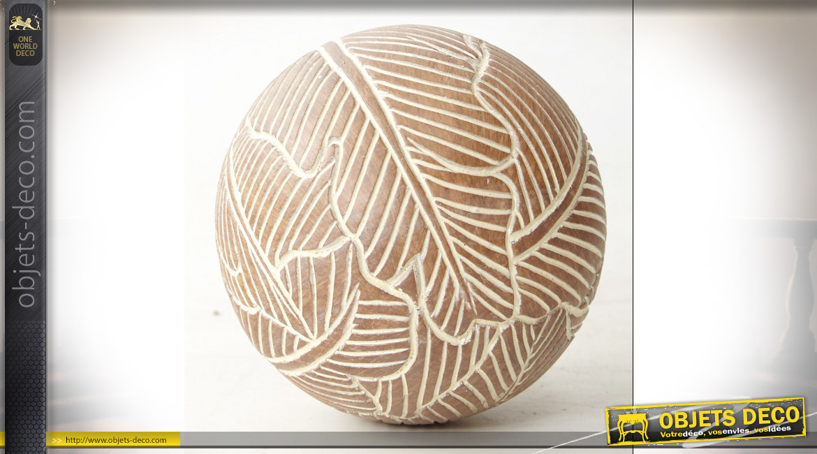 Boule décorative en résine effet bois sculpté, finition bois clair et  blanc, Ø11cm