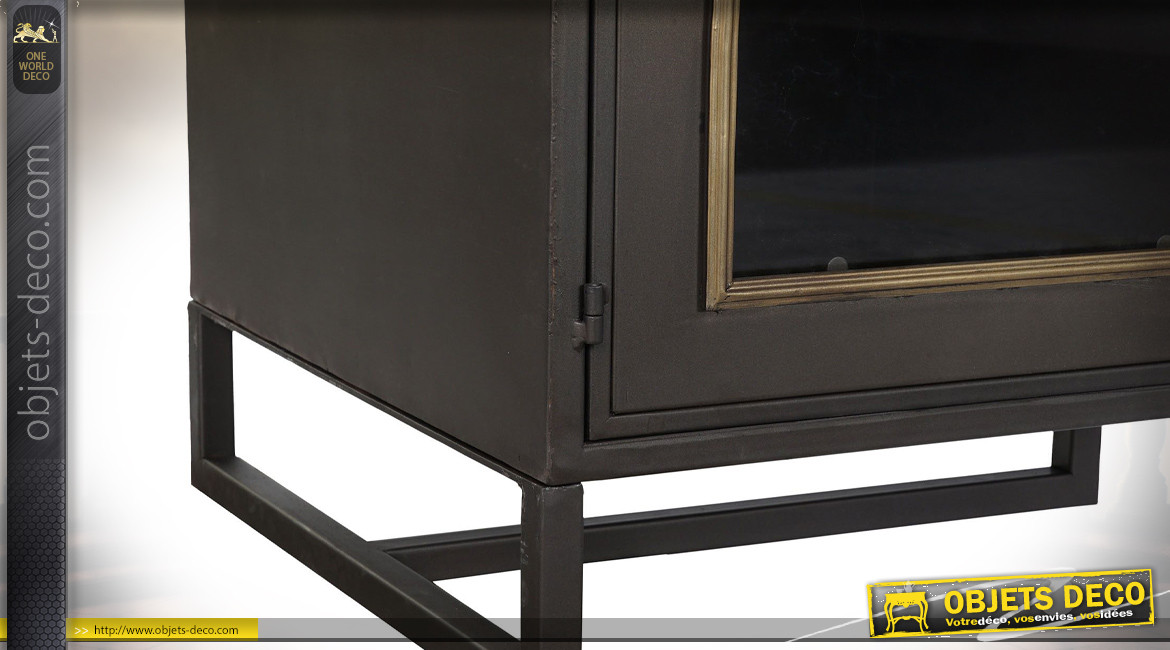 Meuble TV en métal finition noir charbon, porte vitrée en arcade ambiance industrielle rétro, 150cm