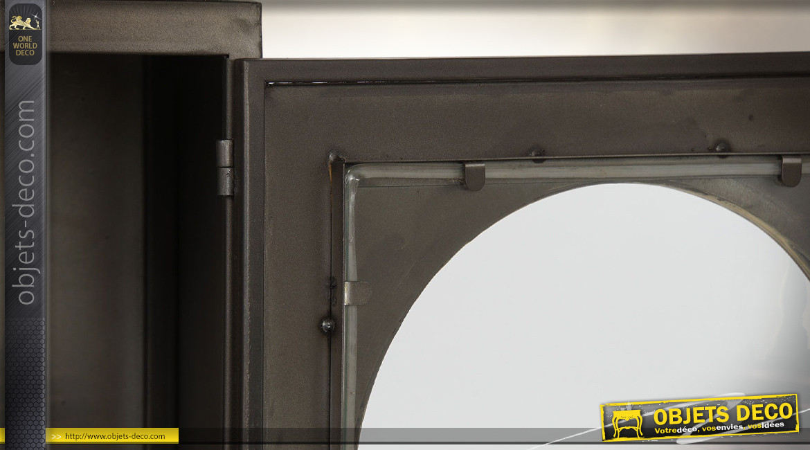 Meuble TV en métal finition noir charbon, porte vitrée en arcade ambiance industrielle rétro, 150cm