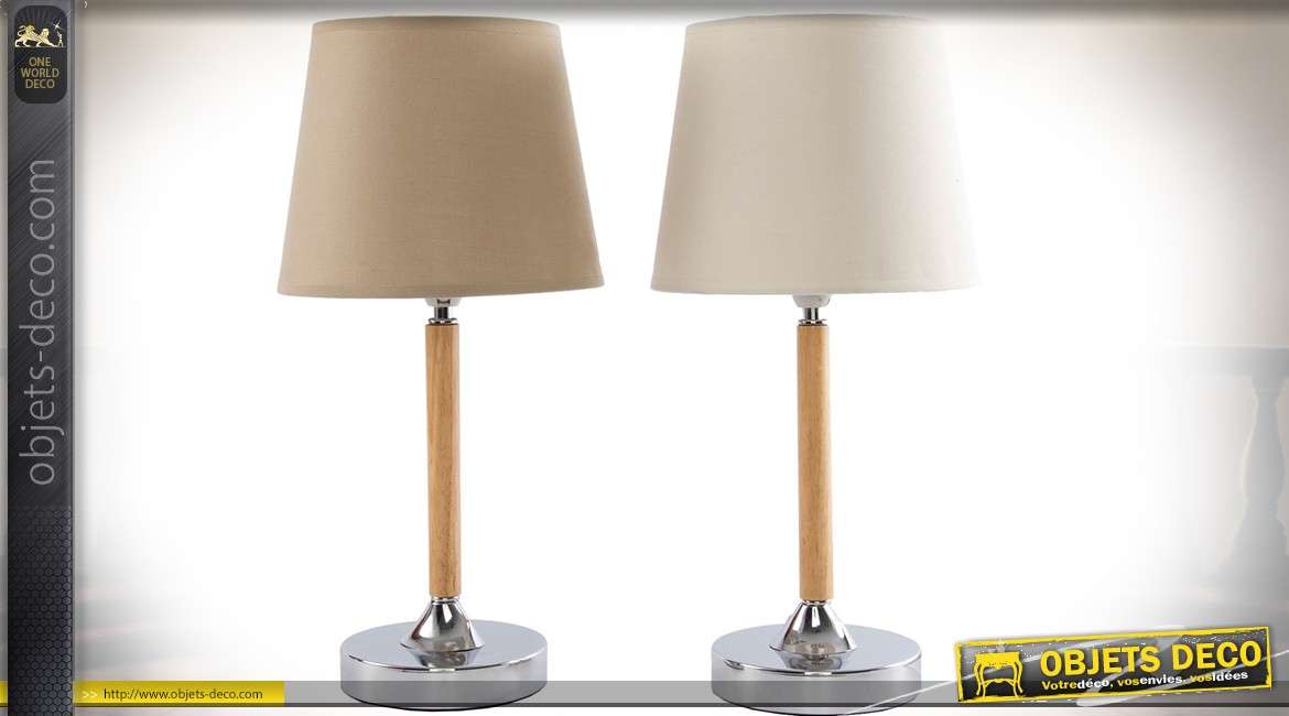 Série de 2 lampes de table en métal chromé et bois style chic et design 40 cm