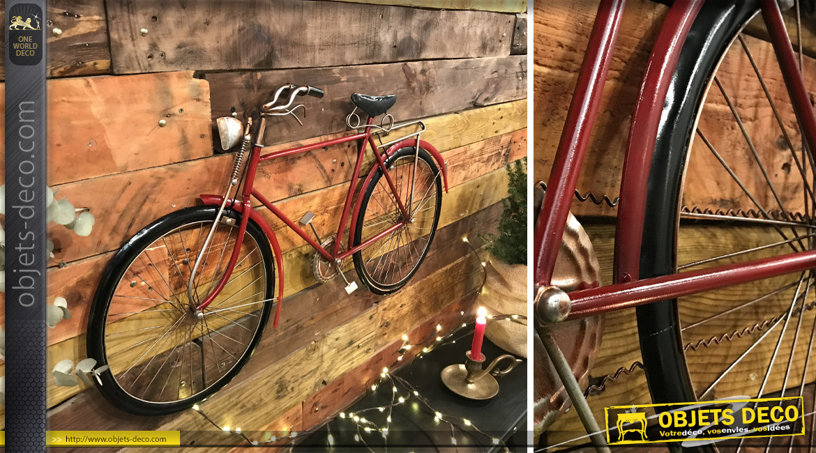 Vélo mural en métal finition rouge, ambiance vintage, 90cm