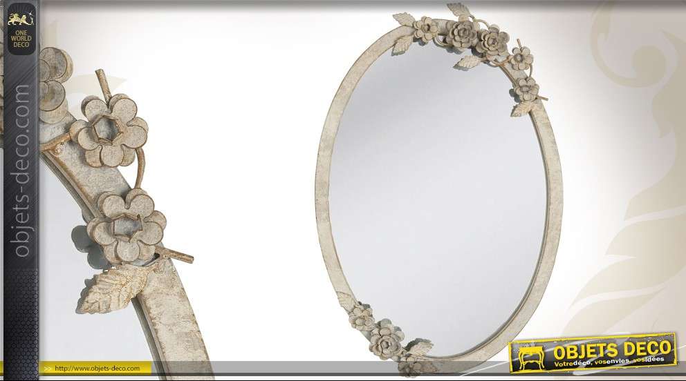 Miroir ovale style rétro et romantique patiné à l'ancienne 51 cm