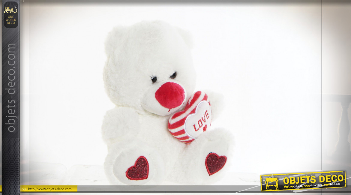 PELUCHE POLYESTER 15X15X20 COEUR OURS BLANC