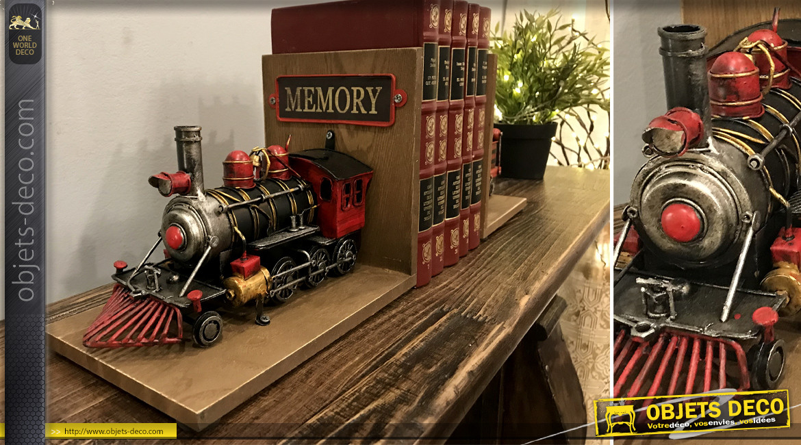 Paire de serre livres en bois et métal en forme de locomotive, thème train, 22cm
