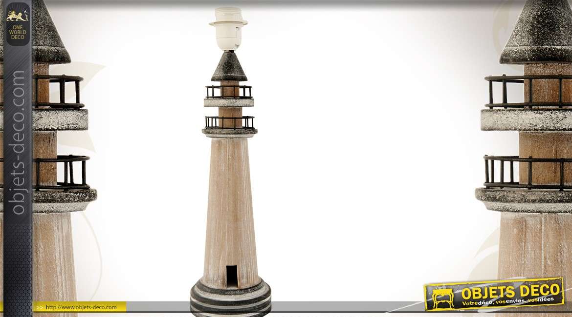 Pied de lampe en forme phare marin finition bois naturel ancien