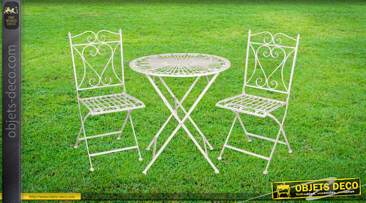 Salon de jardin 1 table et 2 chaises en fer forgé blanc antique