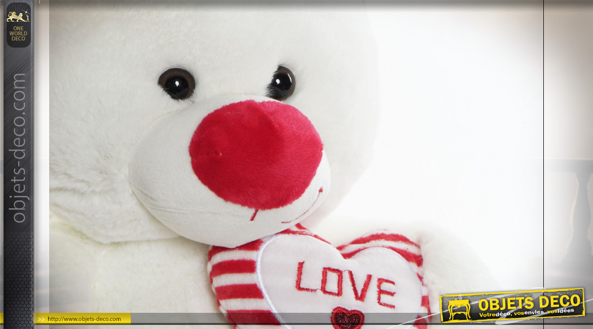 PELUCHE POLYESTER 20X20X31 COEUR OURS BLANC